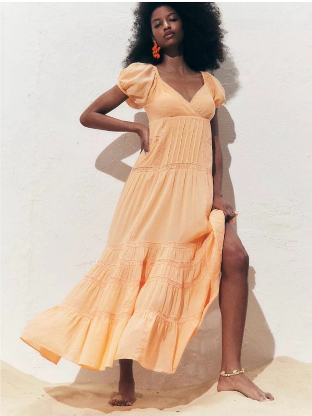 Free People Light Peach Puff-Sleeve Maxi Dress